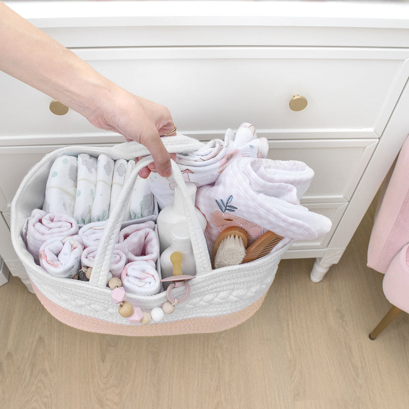 Cotton Rope Nappy Caddy With Divider - Blush/White