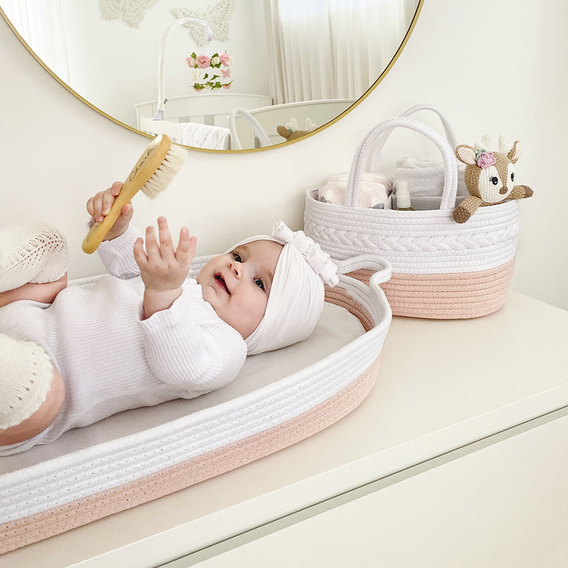 Cotton Rope Nappy Caddy With Divider - Blush/White