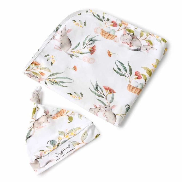 Easter Bilby Organic Jersey Wrap & Beanie Set + Milestone Card
