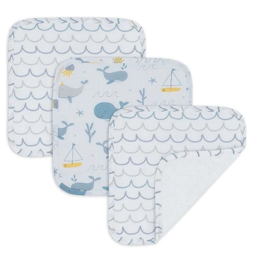 3pk Muslin Wash Cloths - Whales