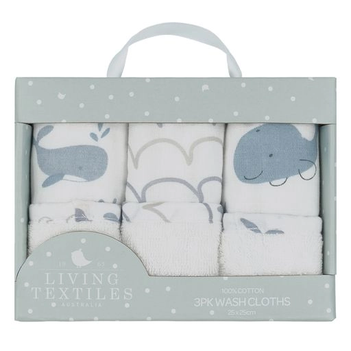 3pk Muslin Wash Cloths - Whales