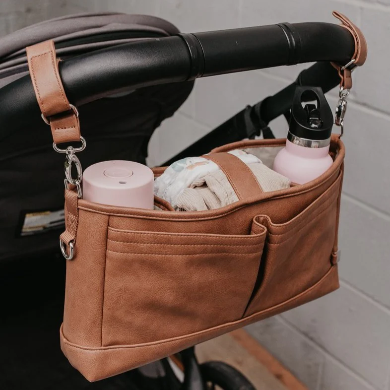 Faux Leather Stroller Organiser/Pram Caddy - Tan
